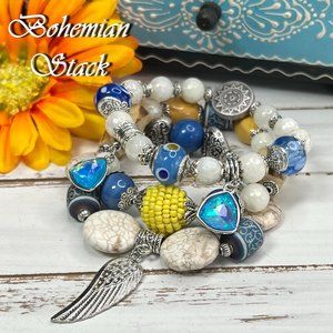 Bohemian Bracelet Stack Gemstone Crystal Handmade Blown Glass Bead Howlite New!